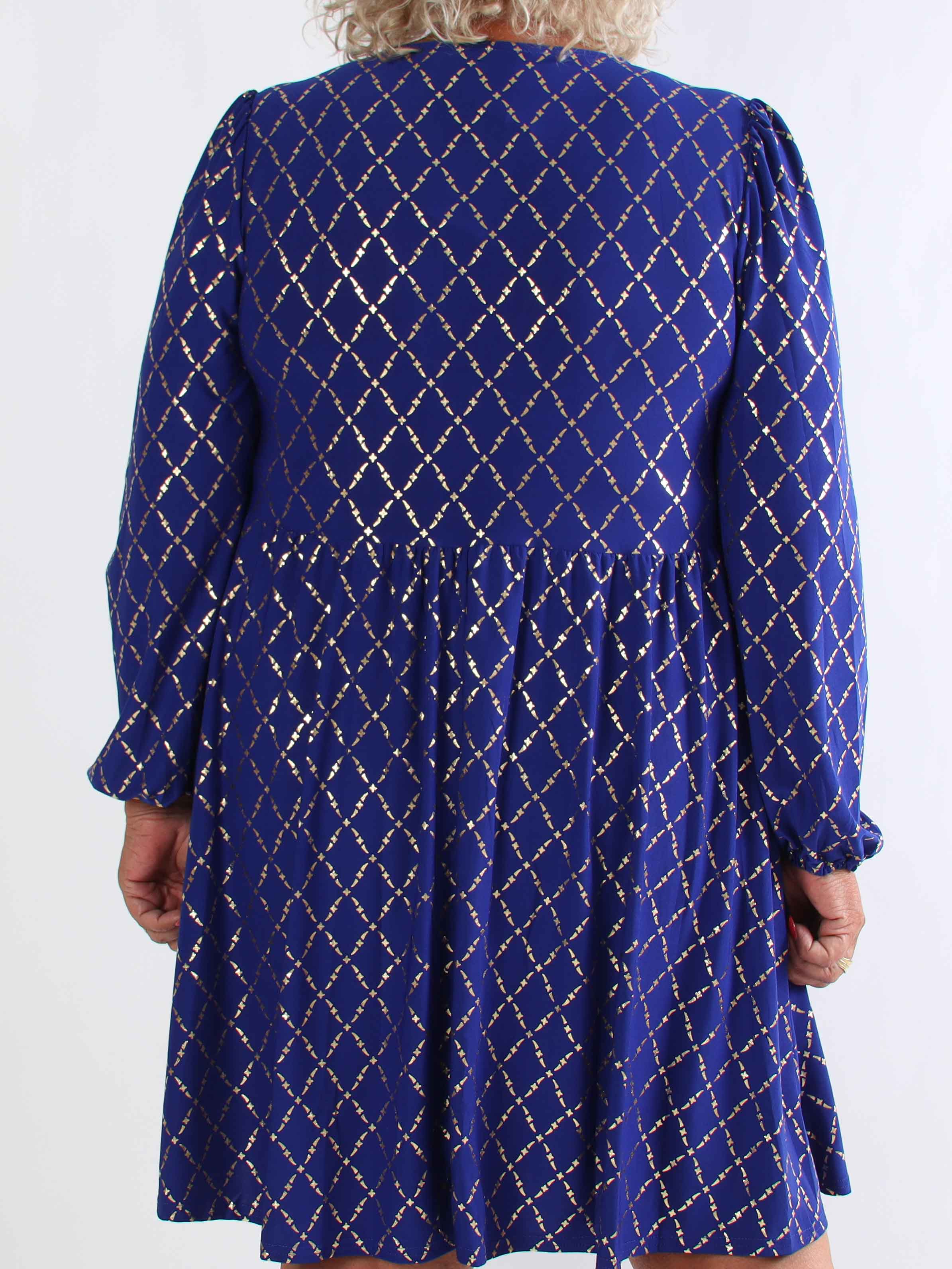 Cersei Gold Check - Plus size babydoll kjole med guldprint og sløjfer